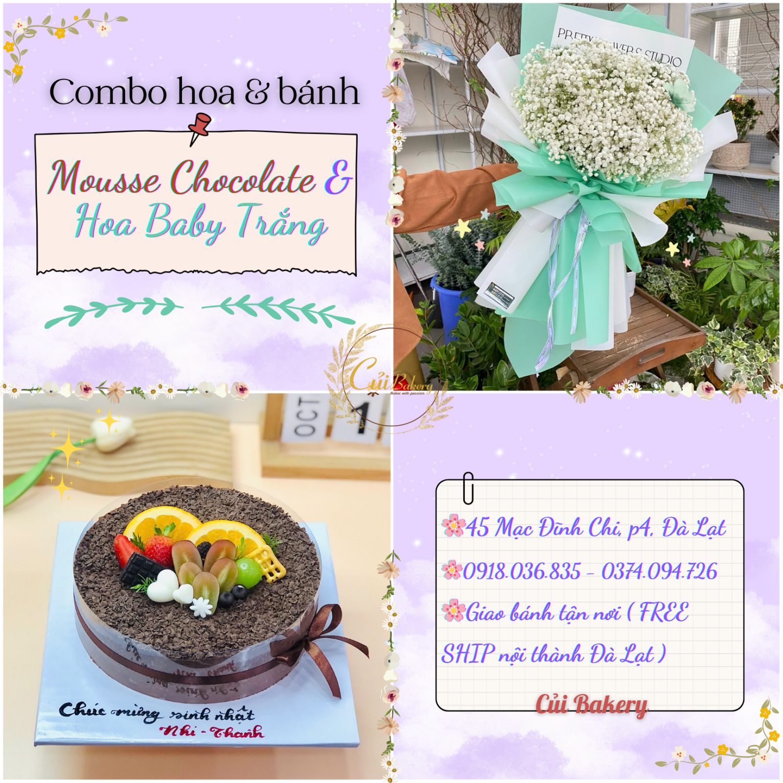 Combo hoa và bánh 20/10, Quà 20/10 Đà Lạt, Bánh mousse Đà Lạt, Lời chúc 20/10
